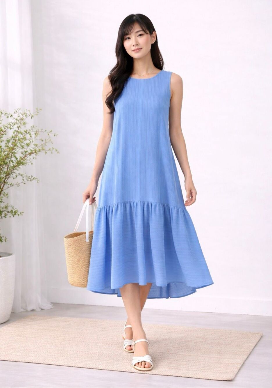 ADEAM Blue Textured Cotton Drop Waist Tiered Swing Midi Dress M Japan